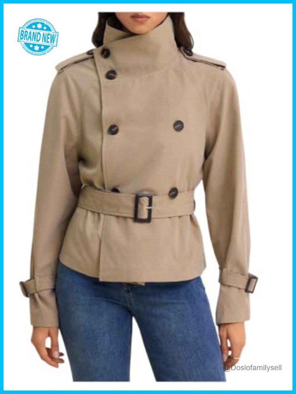 Women's Belted Trench Coat High Neck Long Sleeve Short Jacket